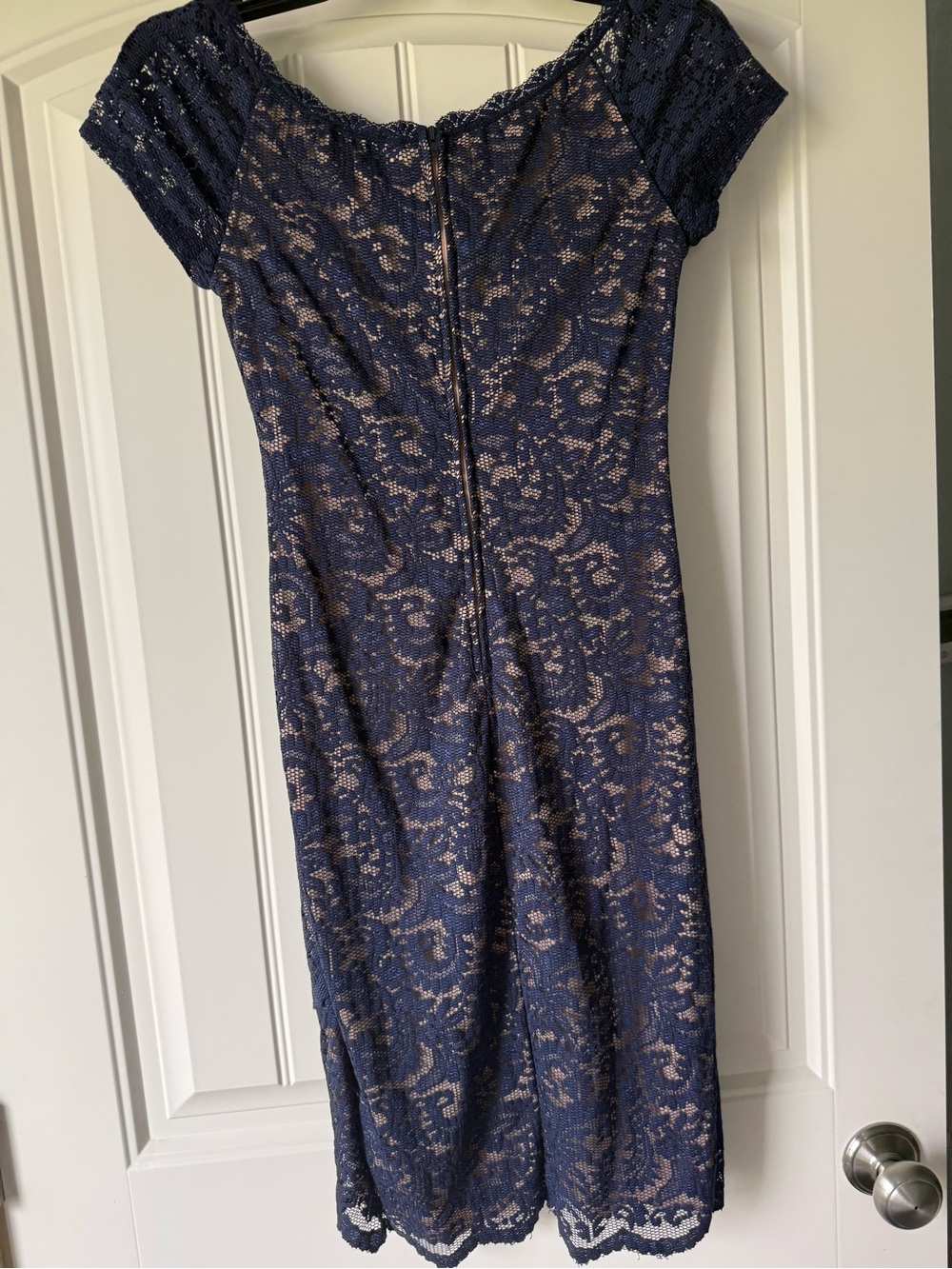 B Darlin Navy Blue Lace Overlay Mini Dress with Nude Lining